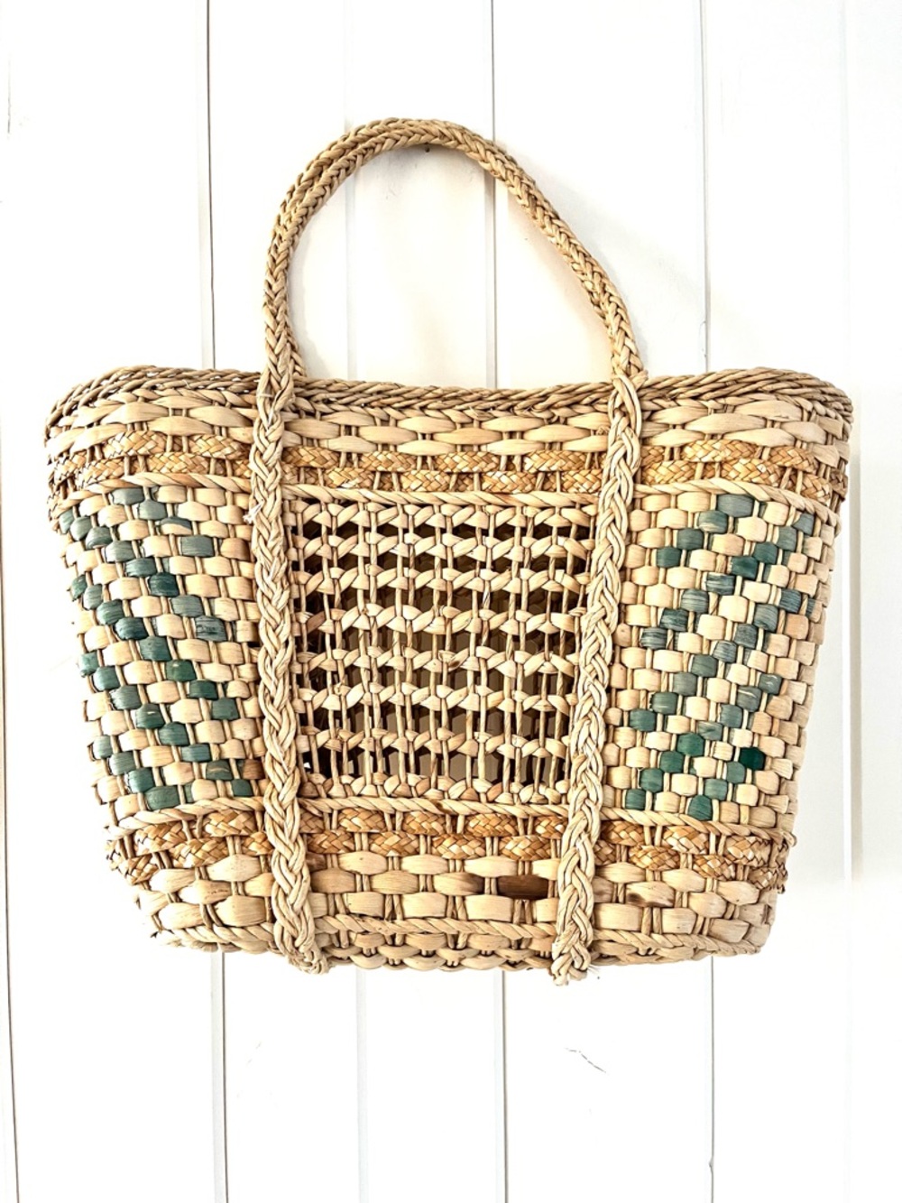 Straw Tote Bag with Green Accent